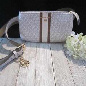 Michael Kors Waist Purse - Leather - Ivory and Light Grey "MK" initials fabric